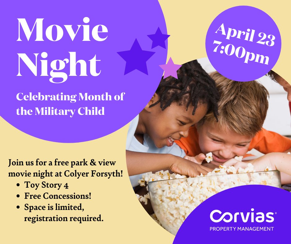 RileyResidents's tweet image. April is #MonthoftheMilitaryChild and we're celebrating with a park and view movie night! Join us on April 23rd at Colyer Forsyth for a free screening of Toy Story 4! Registration is required and can be found here: …t_movienight_toystory4.eventbrite.com