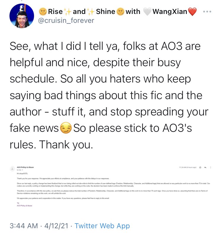 in which a central question from this thread is answered (she definitely knows) but so many more are raised (WHAT AO3 STANDARDS? does “working my ass off to comply” mean playing chicken with them by raising the tag count from 2502 to 4405???????)