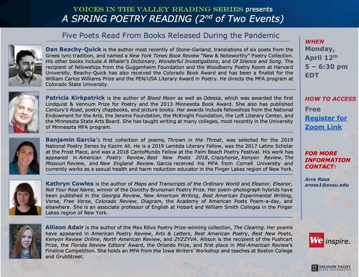 CowlesKathryn's tweet image. Milkweed poetry reading tonight at 5 Eastern! I’ll be reading with these terrific poets (all of whom had books come out pandemic-era): @fascicles @bengarciapoet Dan Beachy-Quick, and Patricia Kilpatrick. Come, come!

zoom.us/meeting/regist…
