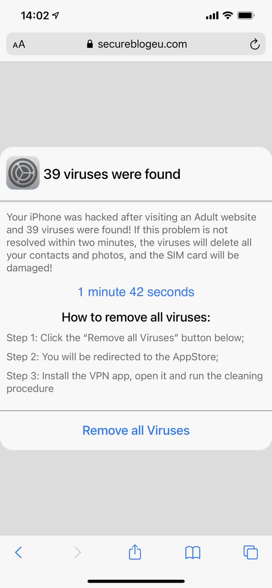 dkontaris's tweet photo. When this is the journey (non existing “viruses”, a count timer for scaring purposes, fake pop ups), that leads to an app, be suspicious about the app https://t.co/jAQuGrxuLs