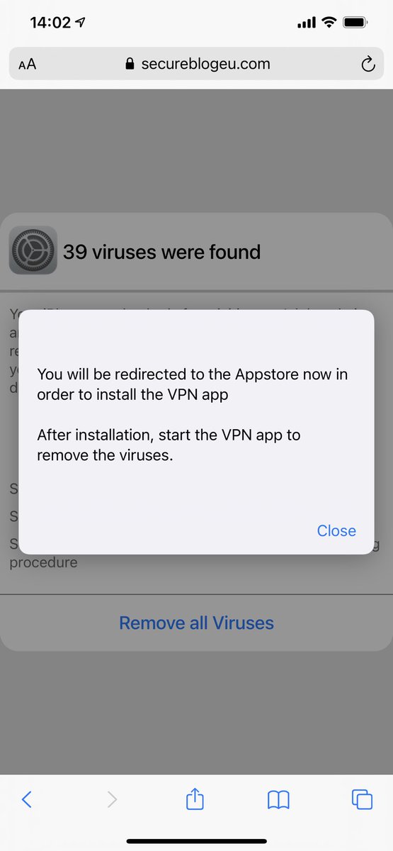 dkontaris's tweet photo. When this is the journey (non existing “viruses”, a count timer for scaring purposes, fake pop ups), that leads to an app, be suspicious about the app https://t.co/jAQuGrxuLs