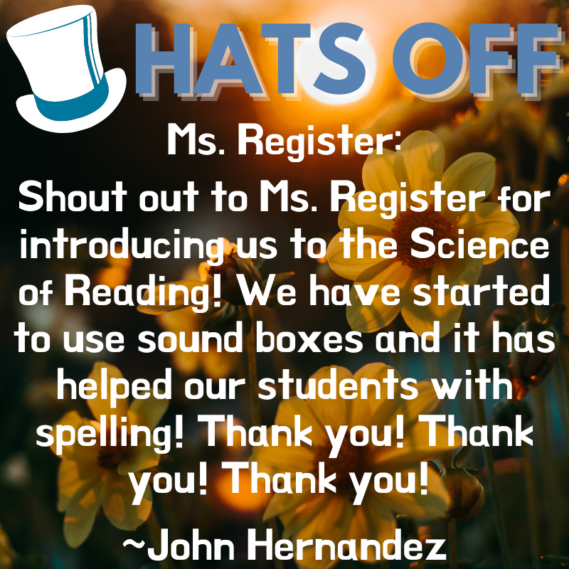 CastleberryElem's tweet photo. Hats off @MeganRegister: Shout out to Ms. Register for introducing us to the Science of Reading! We have started to use sound boxes and it has helped our students with spelling! Thank you! Thank you! Thank you! ~John Hernandez #ceroars #CastleberryISD https://t.co/XiCrDTPOBP