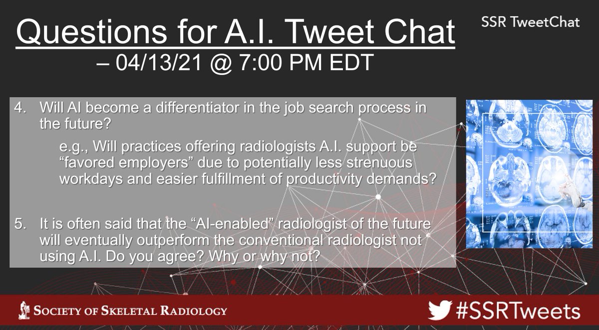 What questions will we discuss during tomorrow's SSR Tweet Chat on #AI in #MSKRad?

💫🌟Here's a SNEAK PEAK! 💫🌟

Tune in tomorrow, April 13 at 7:00 PM EDT! All you have to do to join is follow #SSRTweets at that time. 

Co-moderated by @VivekKaliaMD and @JanFritzMSK