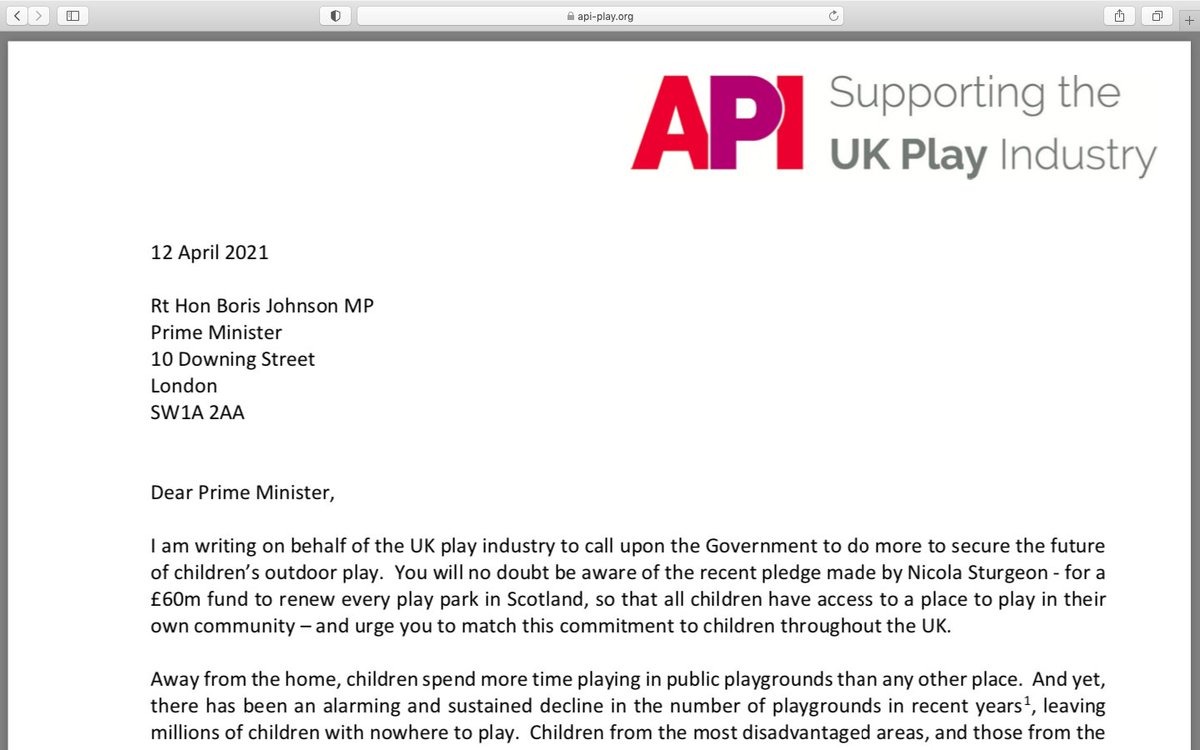 Today I've written to <a href="/BorisJohnson/">Boris Johnson</a>, <a href="/MattHancock/">Matt Hancock</a> &amp; <a href="/RobertJenrick/">Robert Jenrick</a> urging <a href="/GOVUK/">GOV.UK</a> to match <a href="/NicolaSturgeon/">Nicola Sturgeon</a>'s pledge on public play spaces - for the whole of the UK: bit.ly/3a79CEa
ALL UK children need and deserve a similar promise on #play. #PlayMustStay #BuildBackBetter