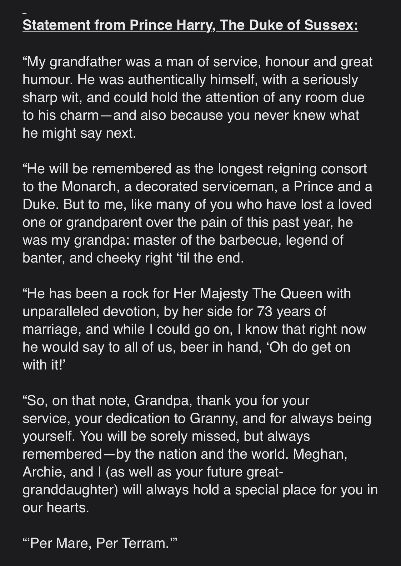 Omid Scobie on Twitter: 'Prince Harry, who is currently in the U.K. at Frogmore Cottage ahead of Saturday's funeral, has written a tribute to grandfather Prince Philip on behalf of him and