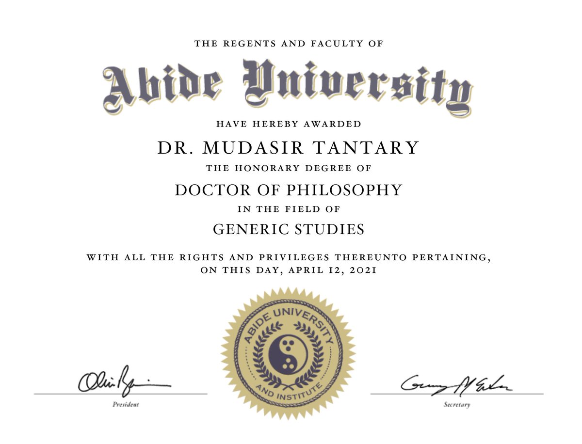 Today received Honorary Degree of Doctor of Philosophy from #AbideUniversity thanks.
@RiyazGujjar5 @rigsophia83 @MehboobaMufti @musHtAq333 @spellbinder66 @Listendanish @ParadiseRajwar