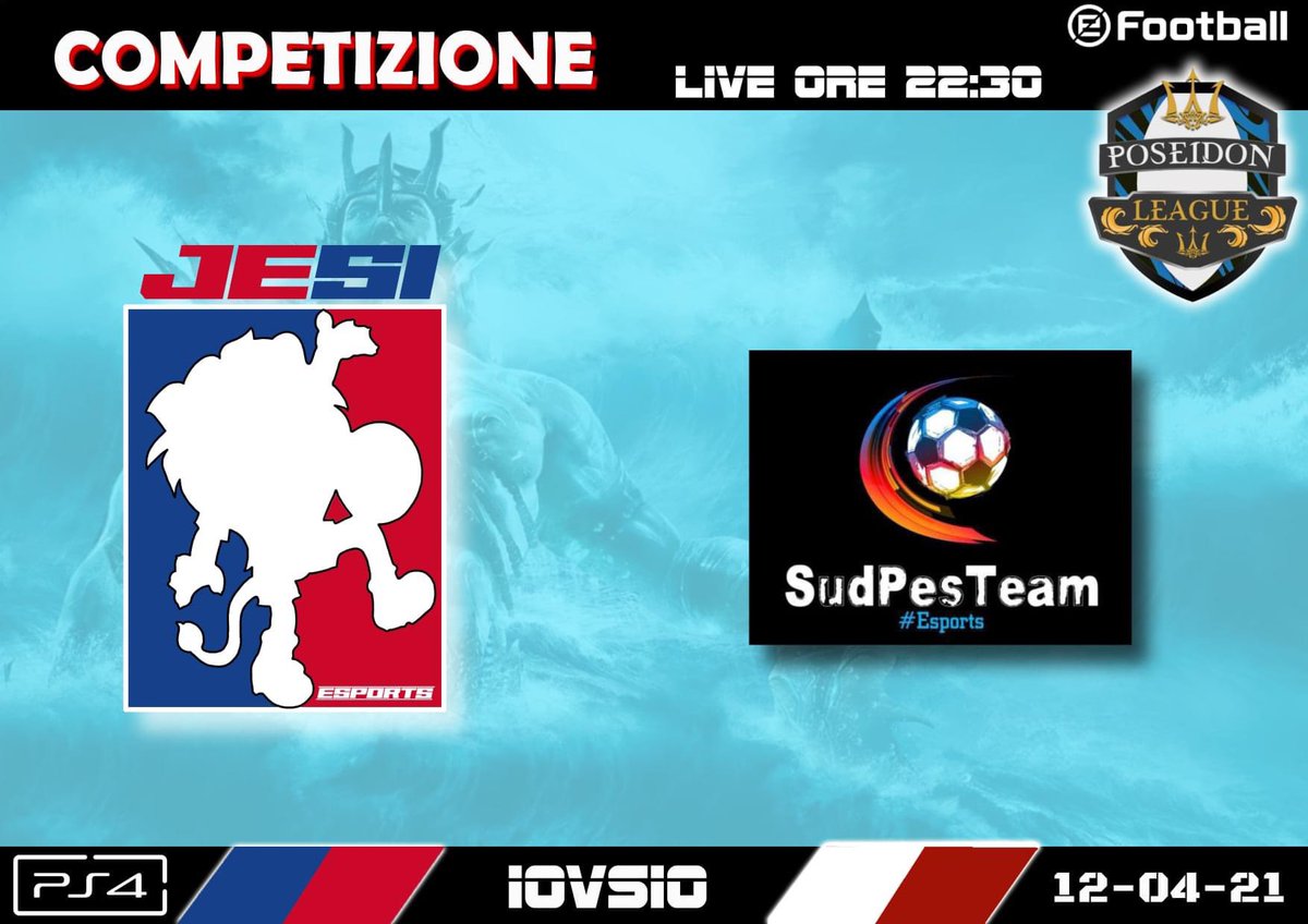 📆 MATCHDAY ⚽️💪🦁

🏆 @Poseidonleague #10 giornata
🆚 SudPes Team
🕥22:30 CET
🎥 Live on “Jesi Esports TV Channel”
youtube.com/channel/UCeJ98…

 #officialpes #PlayStation 
#eSports #proclub #10vs10