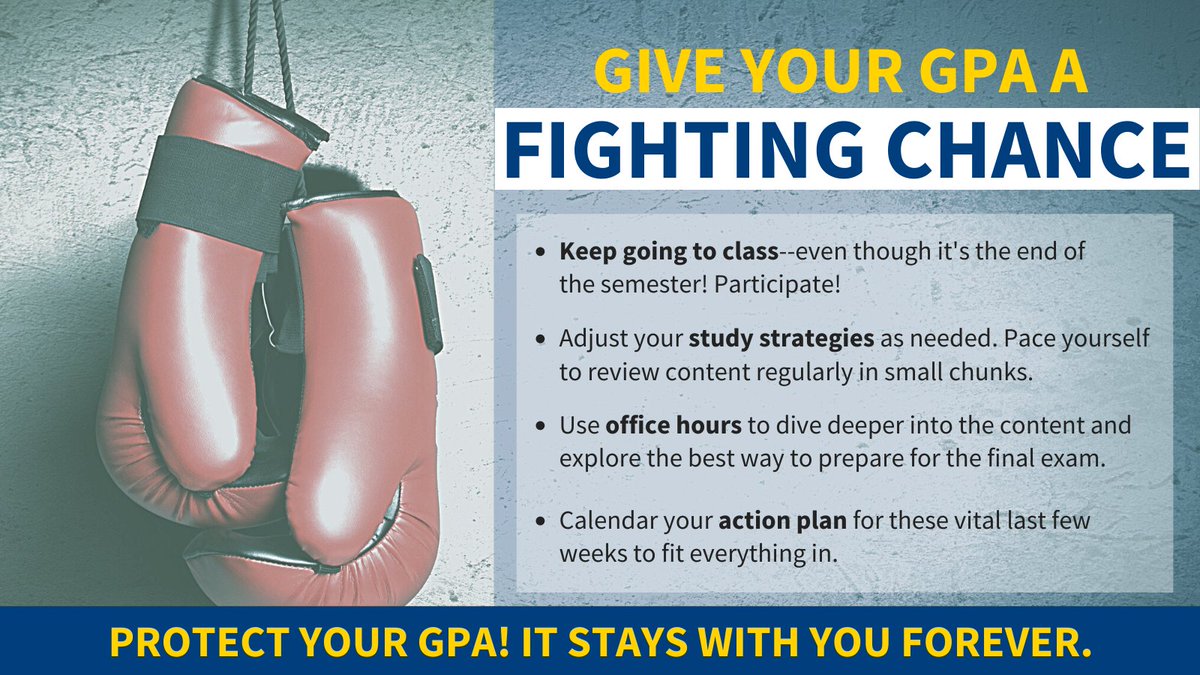It’s Week # 12 of the semester--time to be successful and finish the semester strong. Your #1 priority is to attend/log in to EVERY class. You paid for the class, so GO…right? Now is also a good time to adjust study strategies and planning. You got this!