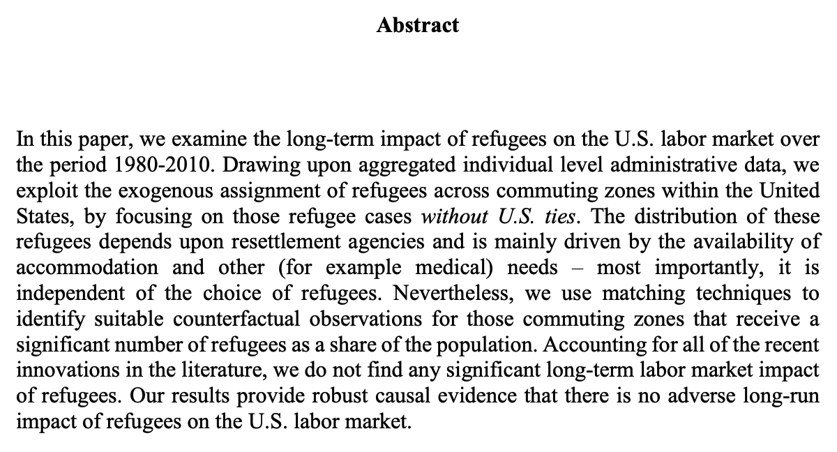 US workers in areas that welcomed the most refugees had wages and employment indistinguishable from areas that welcomed the fewest refugees, 1980–2010. Including least-educated workers.Research by  @mayda_anna  @ParsonsEcon Peri and Wagner—>  https://www.state.gov/wp-content/uploads/2018/12/The-Labor-Market-Impact-on-Refugees-Evidence-form-the-U.S.-Resettlement-Program-1.pdf