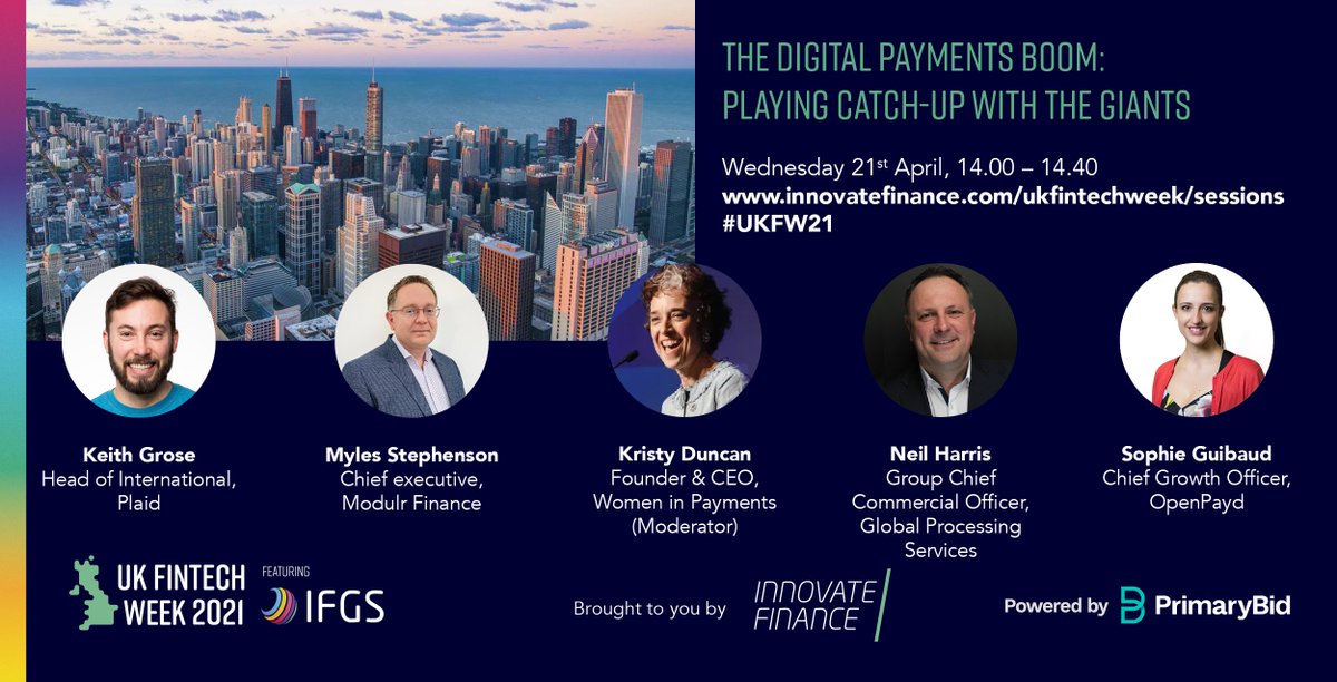 Upcoming #UKFW21 webinar

⏰April 21st 14:00 - 14:40 BST
🚀The Digital Payments Boom: Playing Catch-up with the Giants
🗣️Listen to experts from <a href="/WomeninPayments/">Women In Payments</a> <a href="/Plaid/">Plaid</a> <a href="/ModulrFinance/">Modulr</a> @GPS_Processor and <a href="/OpenPayd/">OpenPayd</a> 

Register: innovatefinance.com/events/the-dig…