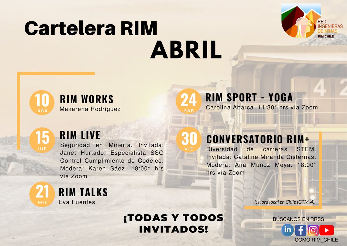 #ComunidadRIM 

¡No olviden agendar las fechas de nuestra cartelera de Abril en sus calendarios!👀🗓️ 

#Cartelera #RIMSPIRANTE #RIMChile