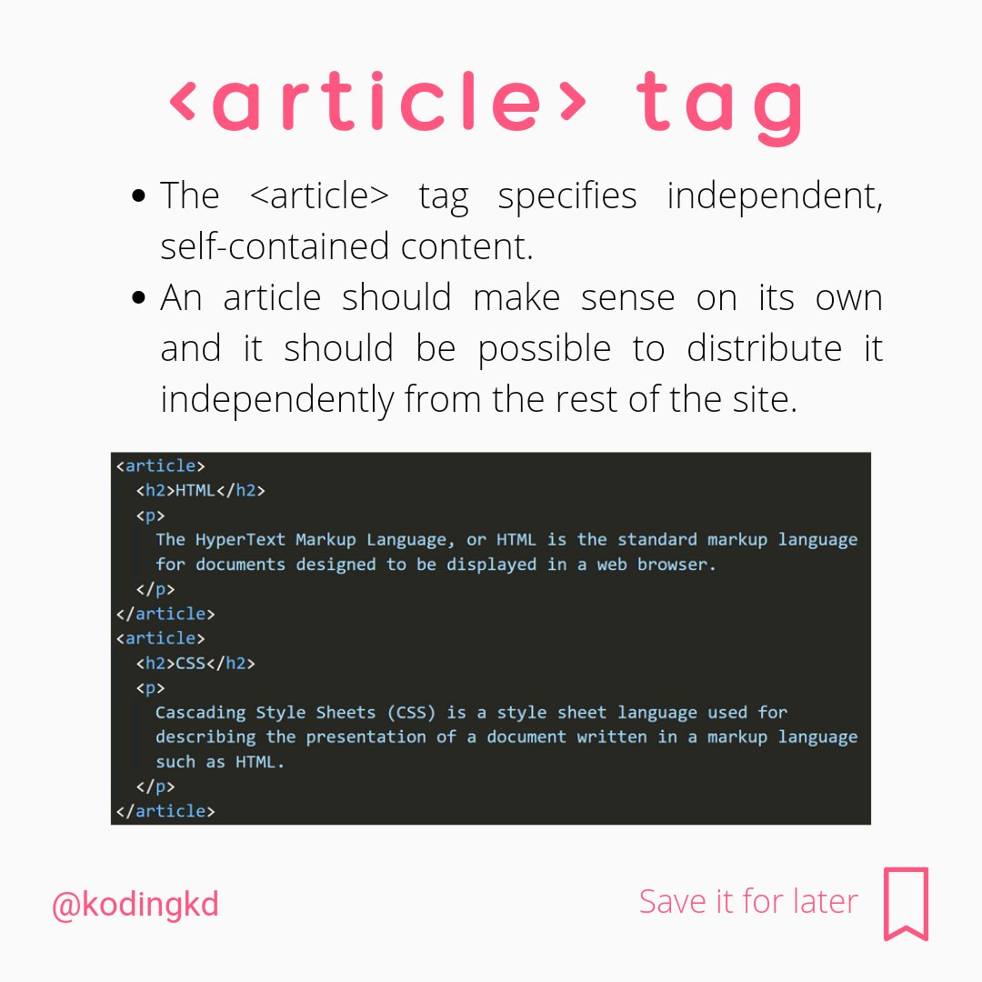 kodingkd's tweet image. Day - 10 | The Article Contents & Aside element in HTML
Follow @kodingkd for more 💯
.
Was It helpful?
Let me know in the comments 👇🏼
.
.
.
#article #aside #html #htmlcoding #htmlcss #htmlcode #kodingkd #30daysofhtml #scss #csstricks #csstips #css3code #programmerslife