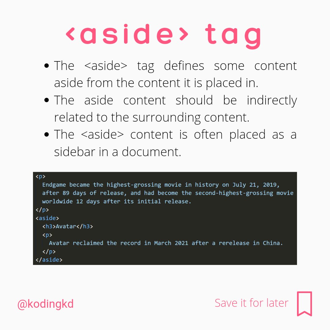 kodingkd's tweet image. Day - 10 | The Article Contents & Aside element in HTML
Follow @kodingkd for more 💯
.
Was It helpful?
Let me know in the comments 👇🏼
.
.
.
#article #aside #html #htmlcoding #htmlcss #htmlcode #kodingkd #30daysofhtml #scss #csstricks #csstips #css3code #programmerslife