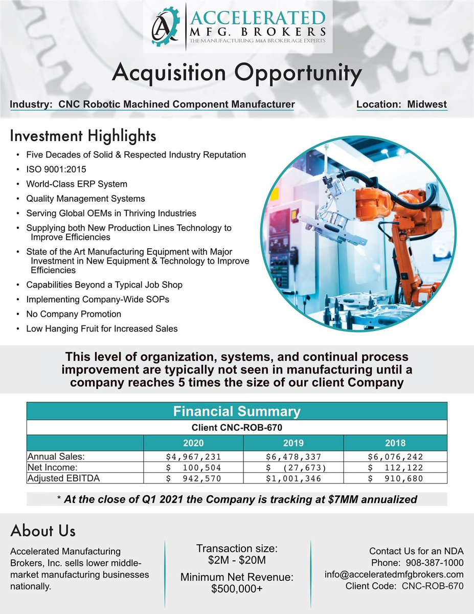 MfgBrokers's tweet image. New Listing! CNC &amp;amp; Robotic Machined Component Manufacturer Serving the Hydraulic Industries buff.ly/2OLaExw

#RoboticMachines #Robotics #ComponentManufacturer #Newlisting #HydraulicIndustries #manufacturingmonday