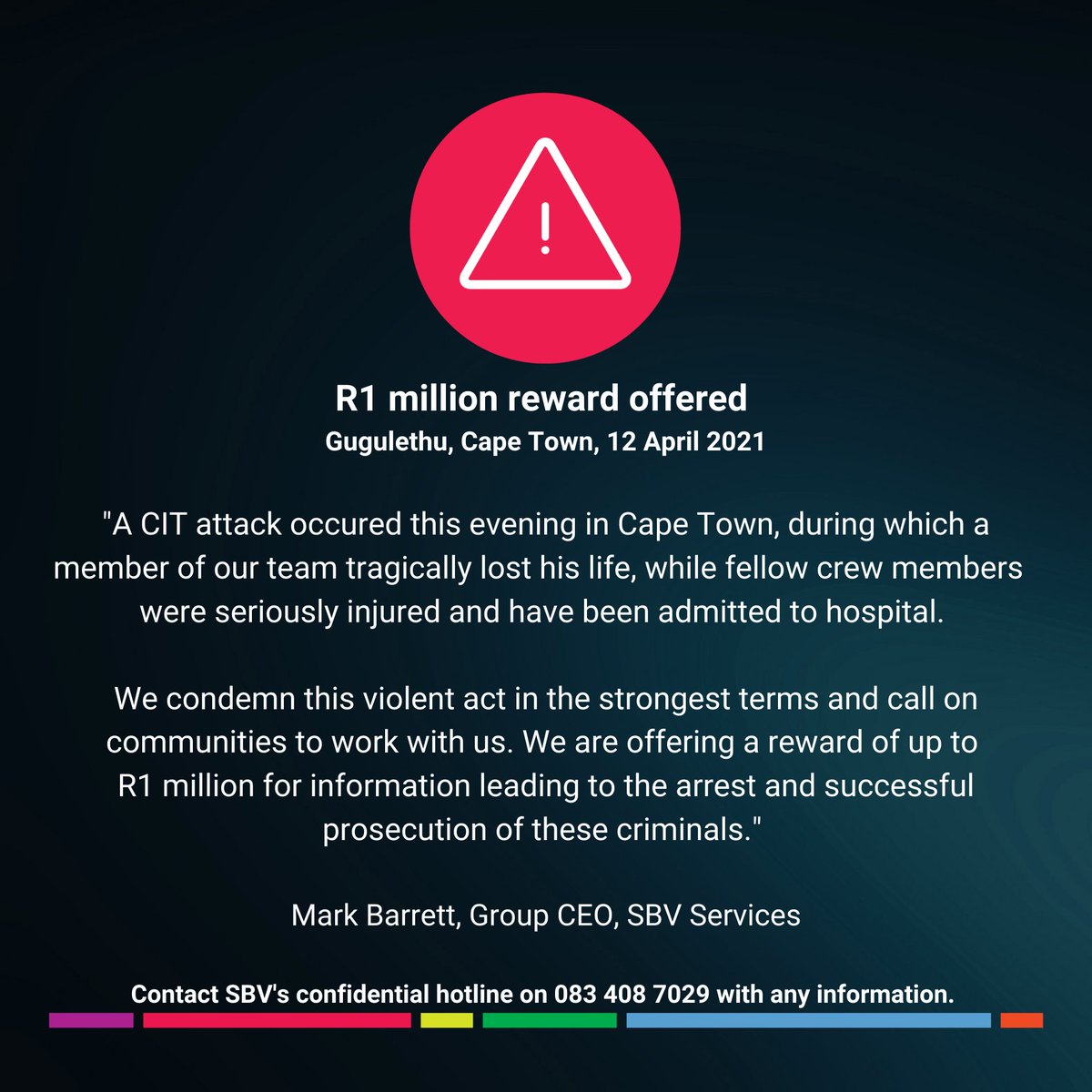 SBVSouthAfrica's tweet image. We are devastated by the senseless loss of our colleague in Gugulethu this evening. Someone knows something. Call 083 408 7029 confidentially with any information. @Abramjee @JOIC_SA