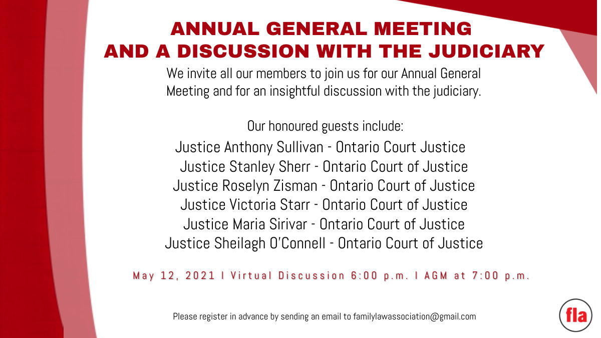 Please join us for our AGM and a virtual discussion with the judiciary on May 12, 2021 at 6:00 p.m.
