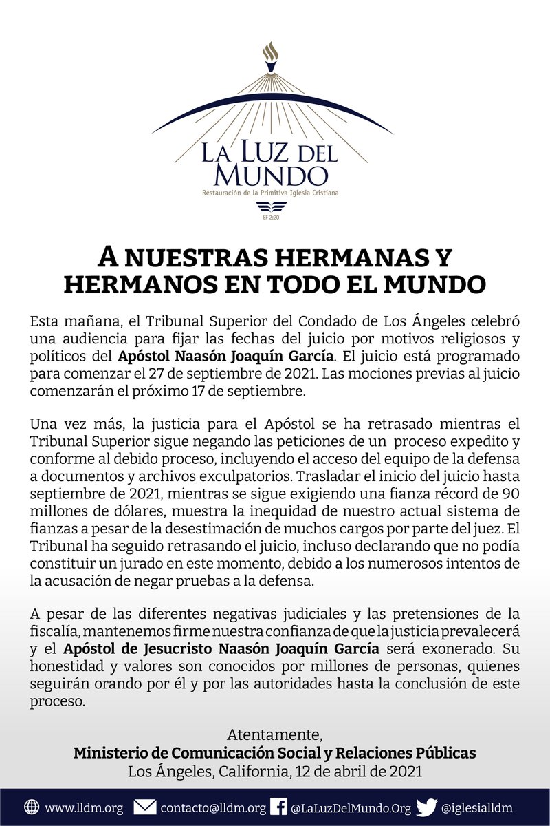 iglesialldm's tweet photo. Les informamos sobre el resultado de la audiencia de este día. 

Confiamos en que la justicia prevalecerá, pues la verdad es esta: el Apóstol de Jesucristo Naasón Joaquín García es inocente, su integridad es conocida por millones de personas.
#ElAmorNosUne
#WeAreLight https://t.co/z2Fw0ThUbF