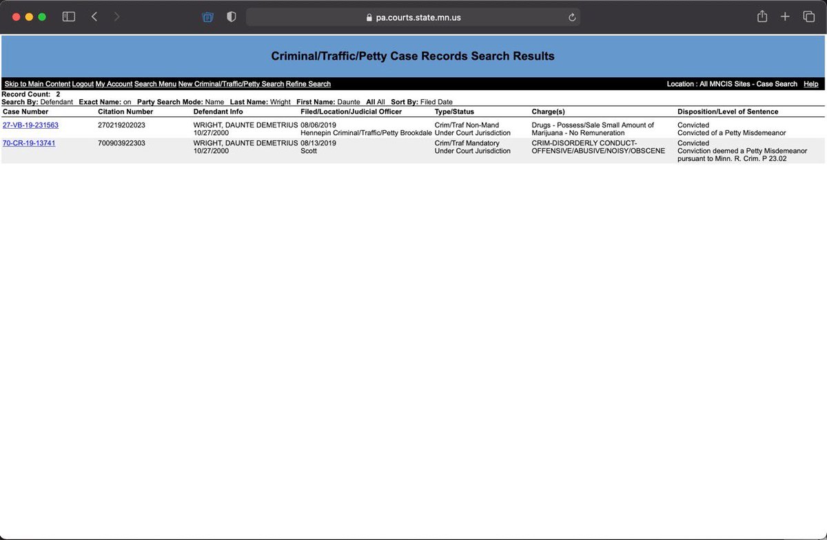 UPDATE: A third misdemeanor case — that did not come up under the original search of Daunte Wright’s name (left) — shows an additional warrant was issued on 4/2/2021 due to his failure to appear at a remote hearing (right)