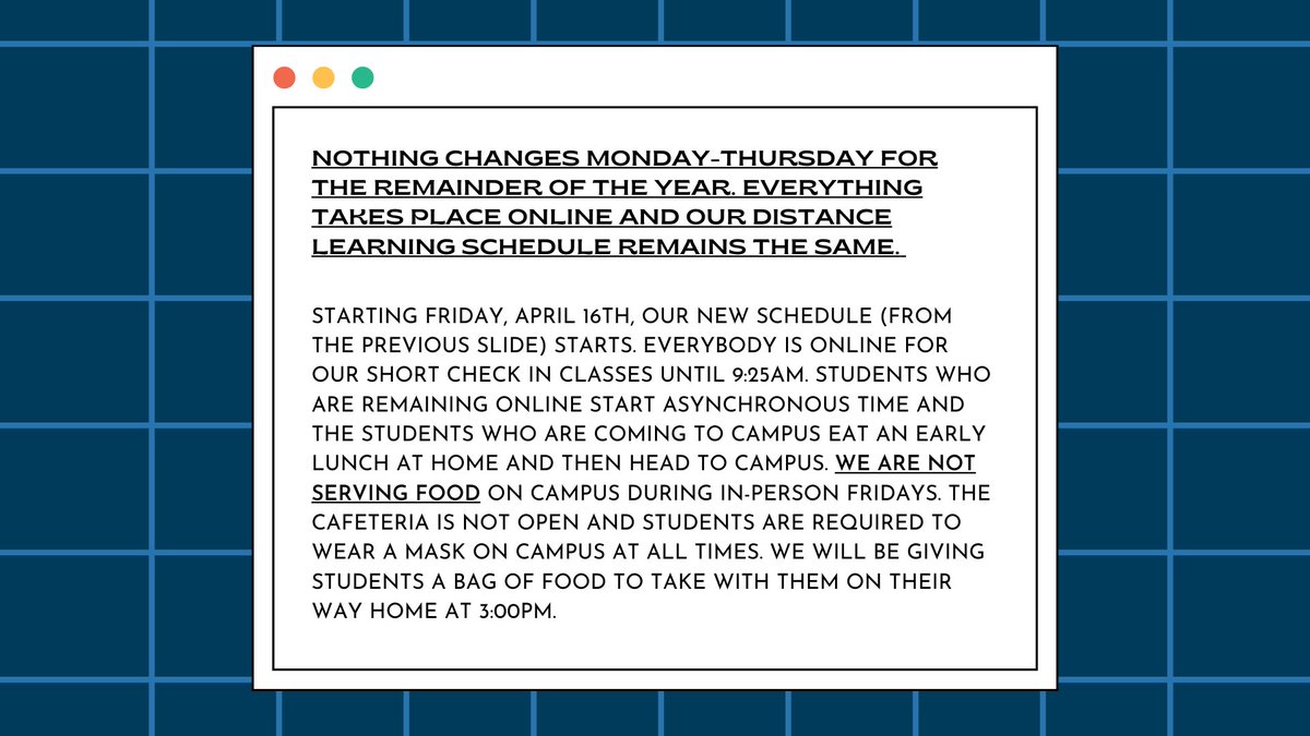 “On Friday...we will welcome back all of the students who opted to return to campus...we will be sending...some additional information directly to the students and families who opted in, about our safety protocols and what to expects during in-person Friday time” -@FSUSD_ECHS