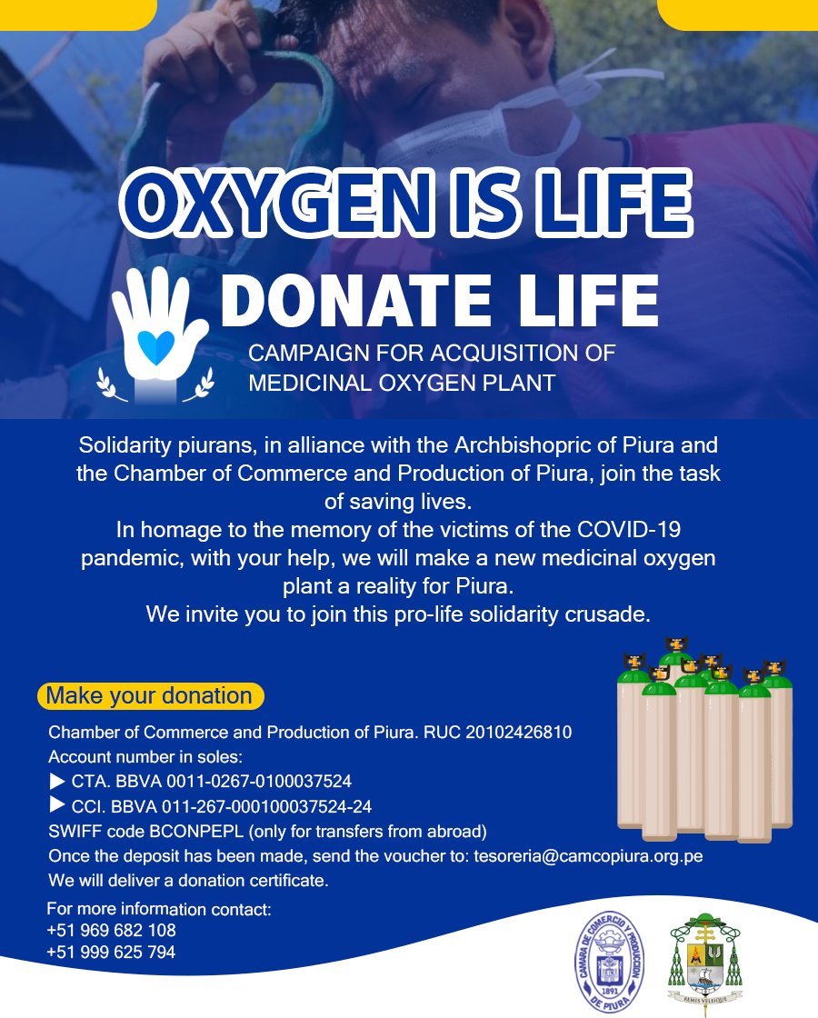 camcopiura's tweet image. #OXYGENISLIFE| DONATE LIFE CAMPAIGN FOR ACQUISITION OF MEDICINAL OXYGEN PLANT
✅ In homage to the memory of the victims of the COVID-19 pandemic, with your help, we will make a new medicinal oxygen plant a reality for Piura.

🔻bit.ly/3seoxCB