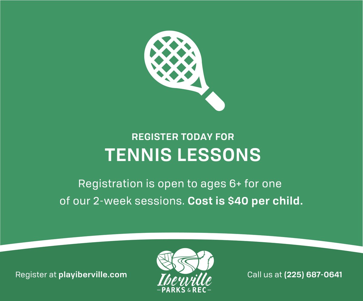 PlayIberville's tweet photo. Registration is officially open for our 2-week Tennis Lessons. Sessions will be held June 7-11th and June 14-18th. Download a registration form at https://t.co/YatnQ2F9ZQ. https://t.co/C4YqnJuA2H