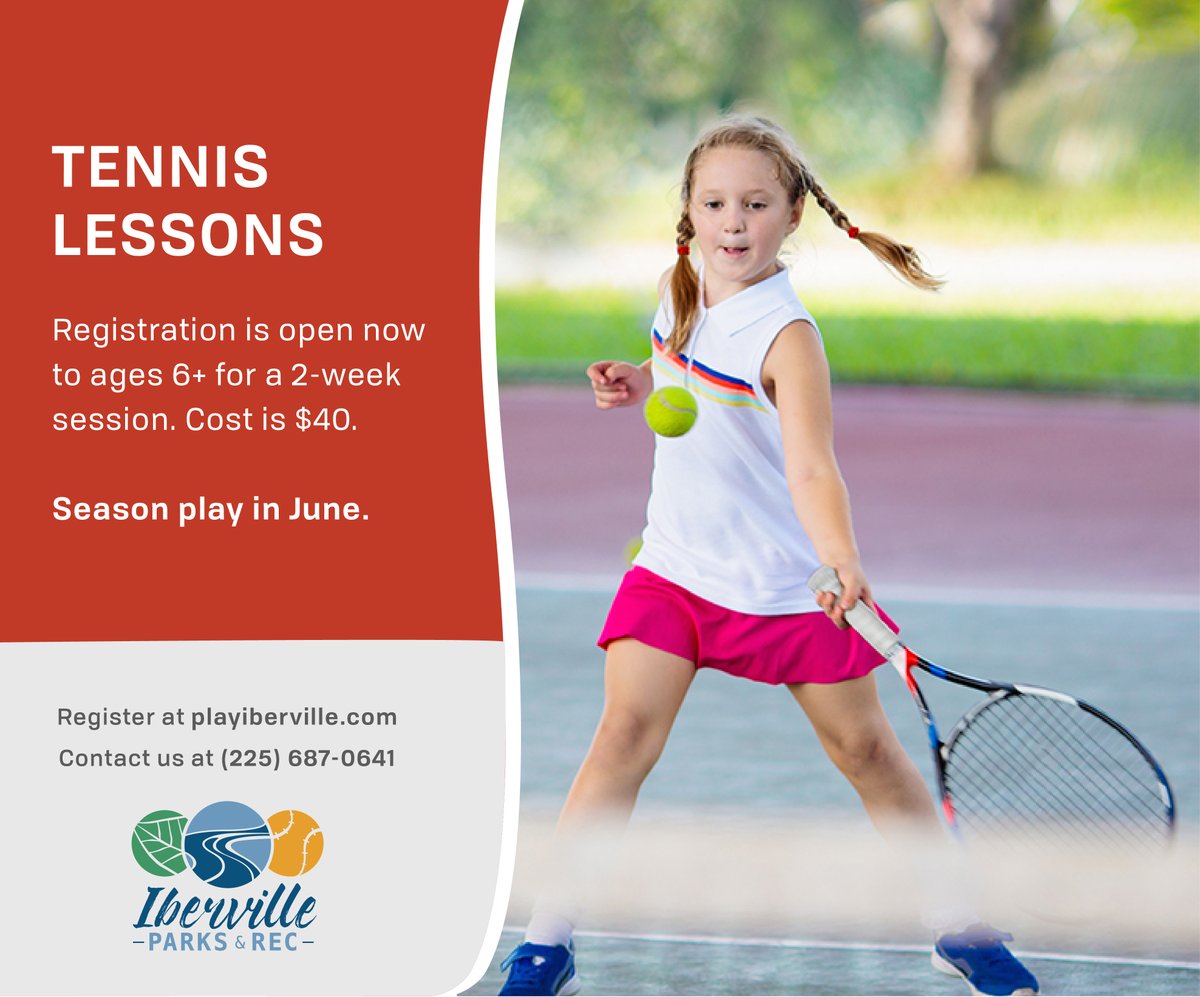 PlayIberville's tweet photo. Don't wait to sign-up, registration is currently happening for Tennis! Open to ages 6+, with 2-week sessions in June. Download a registration form at https://t.co/YatnQ2WLoq. https://t.co/ZTIdYirlRN
