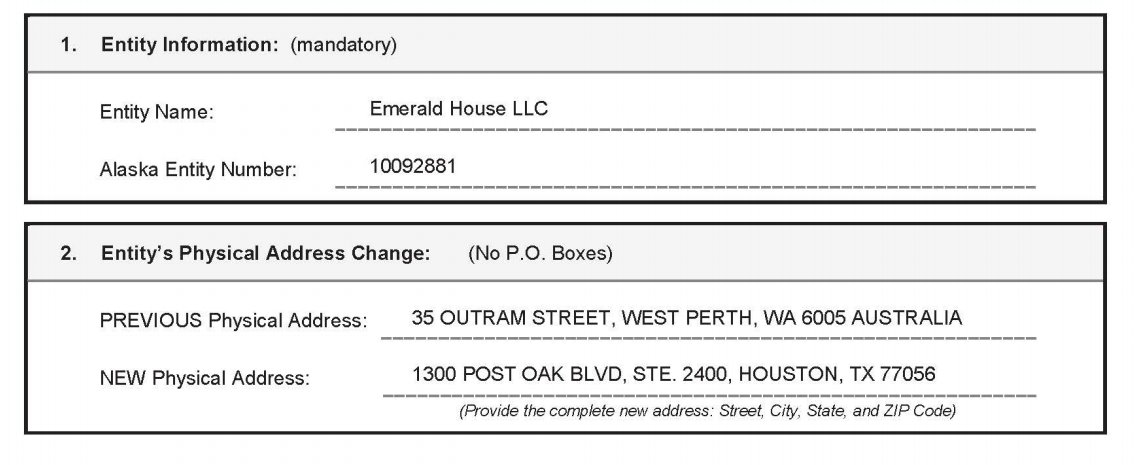  $eeenf  @88EnergyLtd Alaska entity search for Emerald House, LLC shows they updated their address from Perth, Australia to Houston, TX on 10/27/20: