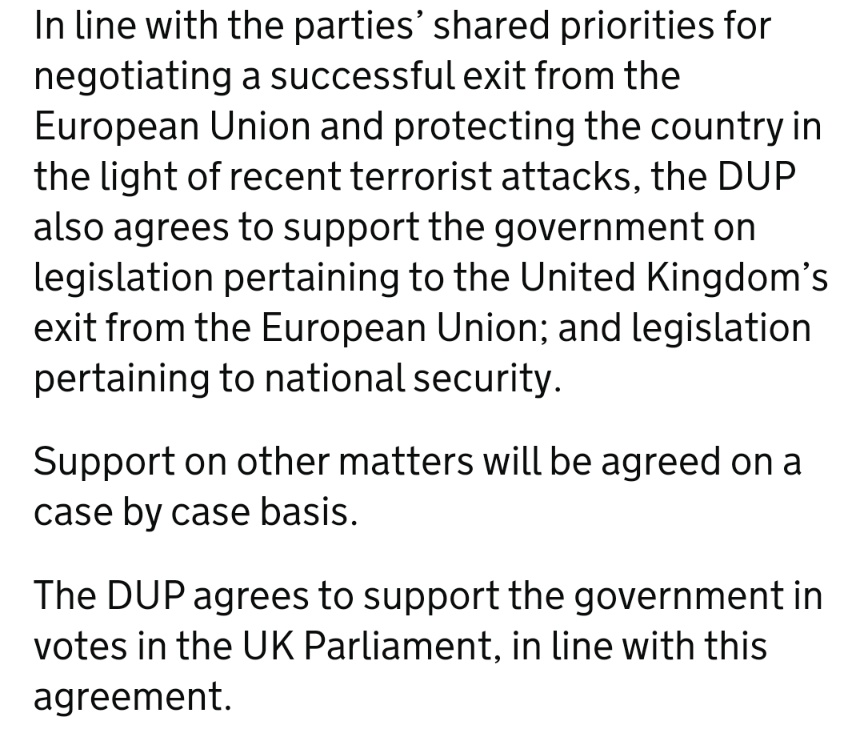As mentioned earlier in the thread May lost her majority in this GE & then needed the 10 DUP votes to pass legislation, particulary on EU. This would have been the perfect time for DUP to insist all UK staying in CU & SM but they didn't.26/n
