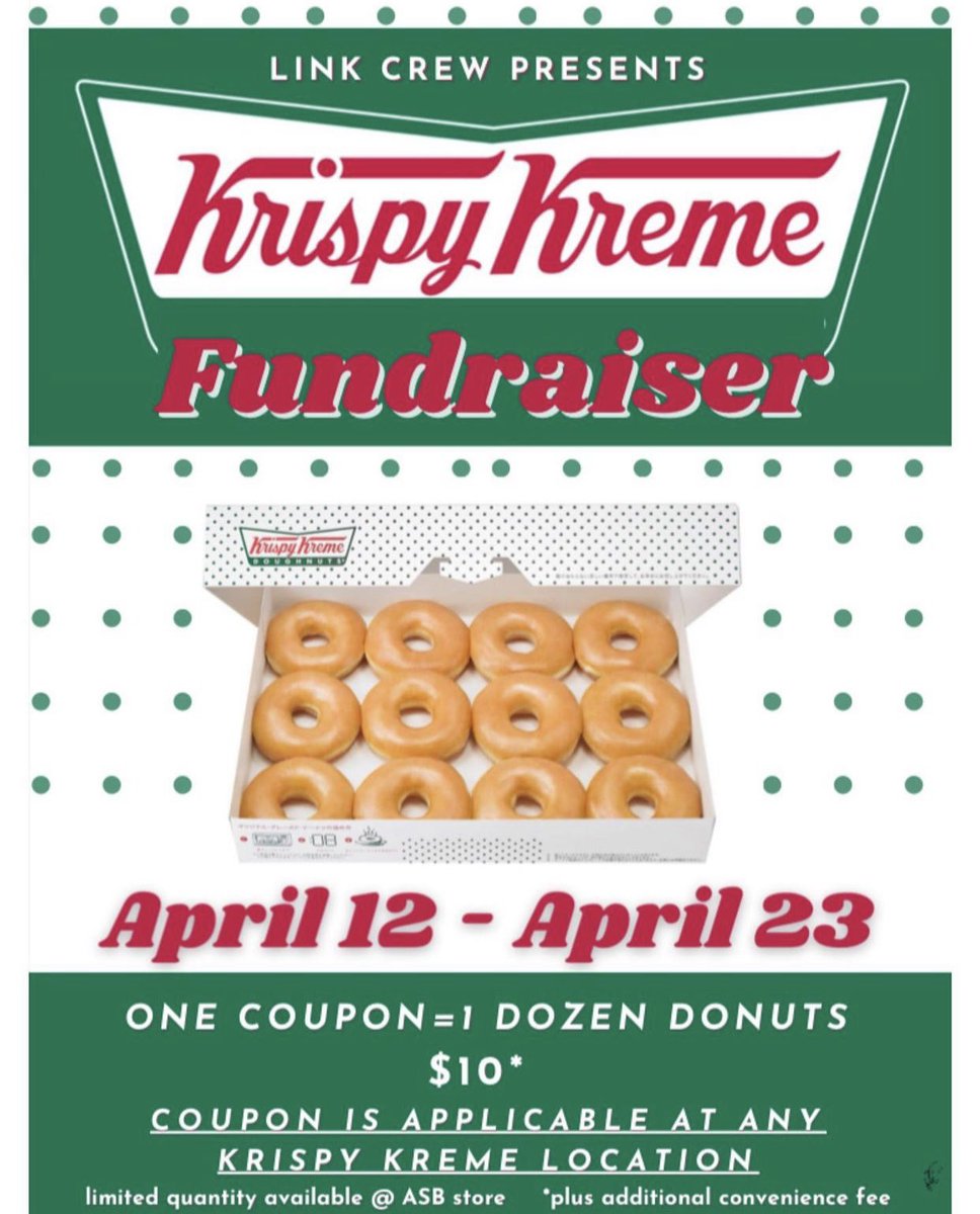 🍩ATTENTION DONUT LOVERS!🍩Link Crew is hosting a Krispy Kreme Fundraiser STARTING TODAY all the way to April 23rd!!! Coupons will be available for purchase at the ASB store for $10 that is applicable for any Krispy Kreme location in the U.S.🤩
One coupon = a dozen glazed donuts!