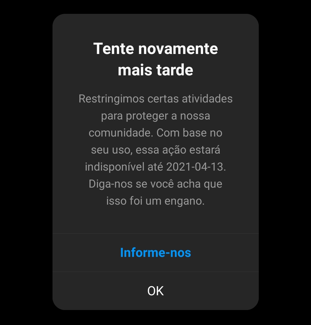 InstaCoritiba's tweet photo. Alguém já teve a conta no Instagram temporariamente bloqueada por NADA?
Minha conta pessoal foi bloqueada por 1 dia hoje de manhã enquanto eu tava vendo Reels em destaque, vai entender.
#ForaSamir https://t.co/AG1MlBynSs