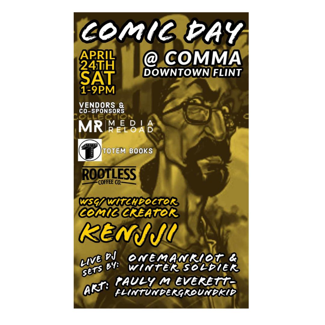 Come and enjoy our family comic day event. Vendors <a href="/MediaReloadMI/">Media Reload</a> <a href="/RootlessCoffee/">Rootless Coffee Co</a> totem books Kenji Comic Creator. With Comic-Con themed drinks by Churchill’s and The Loft downtown Flint! And musics sets!