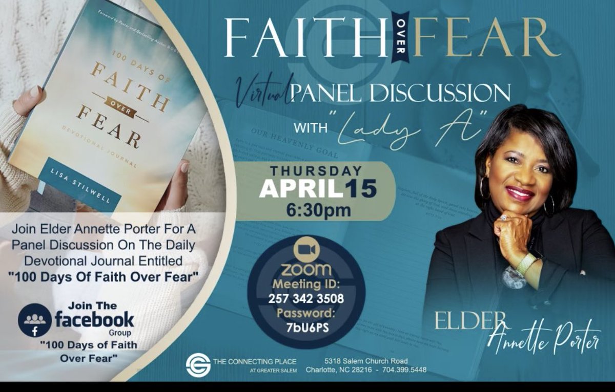 GreaterSalem's tweet photo. Join us with our very own Lady A this Thursday April 15th for a virtual panel discussion “Faith over Fear” 
Detail are attached on flyer below https://t.co/gPB3tpUZAN