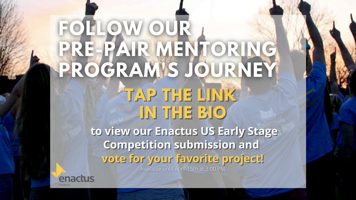 FredoniaENACTUS's tweet photo. Visit the link in our bio and vote for your favorite early stage project! #Real #Relevant #RightNow @FredoniaU @Enactus_USA https://t.co/2KsqEJSSai