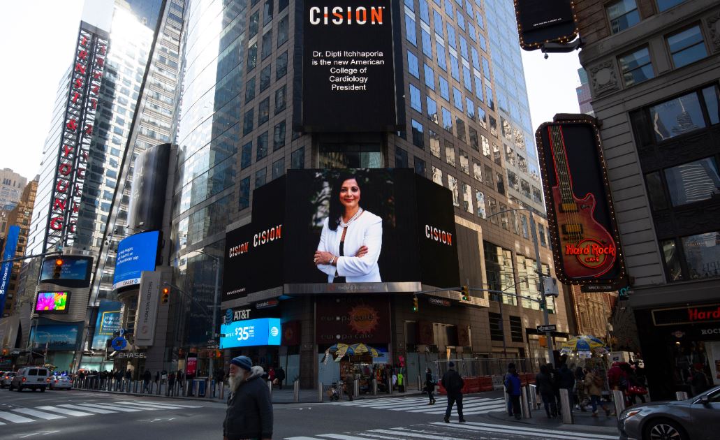 Check it out! ACC President Dr. <a href="/ditchhaporia/">Dipti Itchhaporia, M.D., MACC , FAHA, FESC</a> was featured in Times Square! ICYMI, learn about her goals and aspirations for ACC in our recent #CardiologyMag feature: 
bit.ly/3rNxuTm