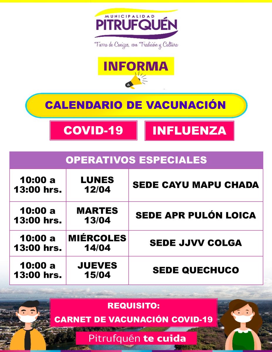 MPitrufquen's tweet photo. La municipalidad de Pitrufquén informa a la comunidad que esta semana se continúa con el proceso de vacunación contra COVID- 19, e INFLUENZA. Por lo que compartimos con ustedes calendarios de esta semana. 
-Presentar su carnet de vacunación Covid-19
#pitrufquentecuidayteinforma https://t.co/iyWX1BBO7R