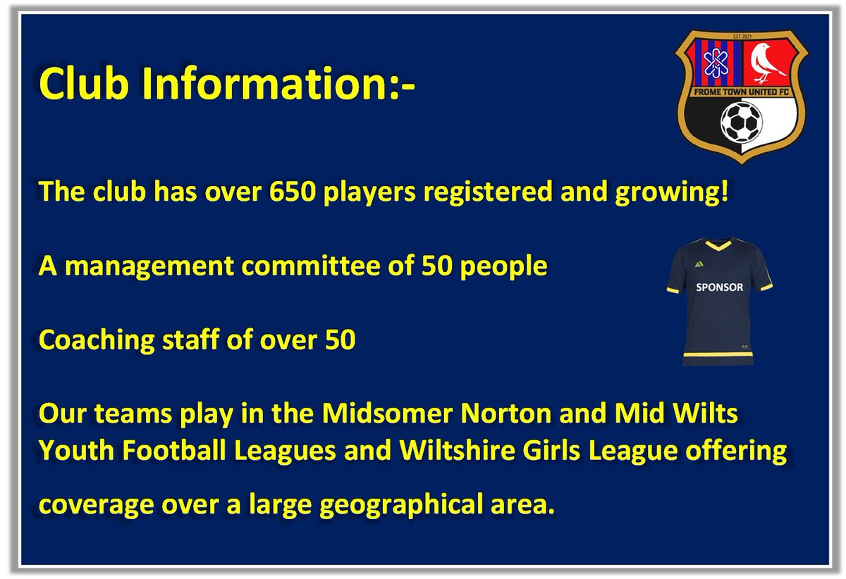 SPONSORSHIP OPPORTUNITIES

We only have a few team kit sponsorships remaining for the new club. A great opportunity for your company to support our young footballers and at the same time, get your logo seen by a wide audience. Please contact us if this is of interest.