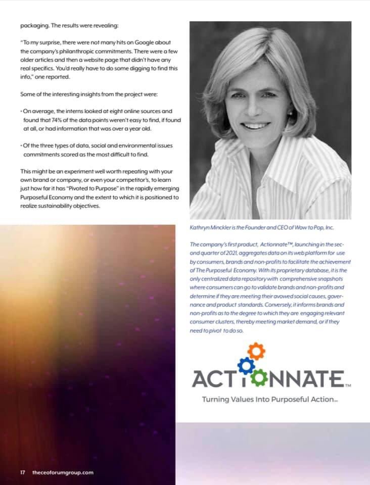 Thank you to <a href="/ceoshowforum/">CEO Forum</a>  for including this article from our CEO, Kathryn Minckler-‘Avoiding Pivoting to Purpose Paralysis’ can be found in the recent CEO Forum Group Inagural Transformative CEO Summit Special Digital Edition. 

 #actionnate #ceomindset #ceo #takeaction