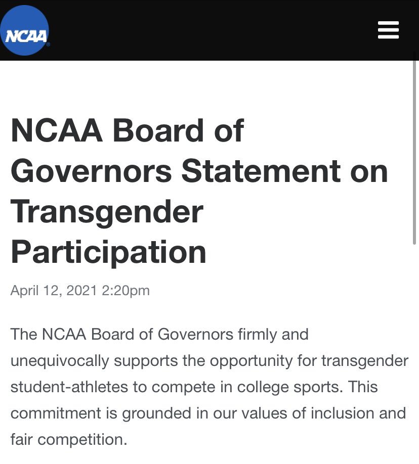 I am VERY excited to hear  @NCAA publicly announce they are pulling championship games from states with anti-trans laws, which is a direct violation of the NCAA anti-discrimination statement.