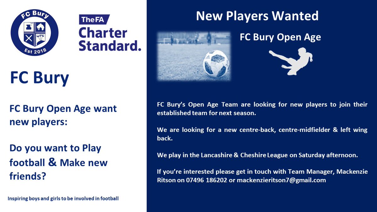 FC Bury (@fcburyofficial) on Twitter photo ⚽ Our Open Age team are looking for new players ahead of the 2021/22 season. Get in touch if you're interested! See the flyer below for more information 👇
#grassrootsfootball #openage #bury #manchester #lancashire #cheshire @LandCAFL <a href="/WazzaBarlow/">Warren Barlow QPM</a> <a href="/LancashireFA/">Lancashire FA</a> @FootballGrf ⚽ Our Open Age team are looking for new players ahead of the 2021/22 season. Get in touch if you're interested! See the flyer below for more information 👇
#grassrootsfootball #openage #bury #manchester #lancashire #cheshire @LandCAFL <a href="/WazzaBarlow/">Warren Barlow QPM</a> <a href="/LancashireFA/">Lancashire FA</a> @FootballGrf