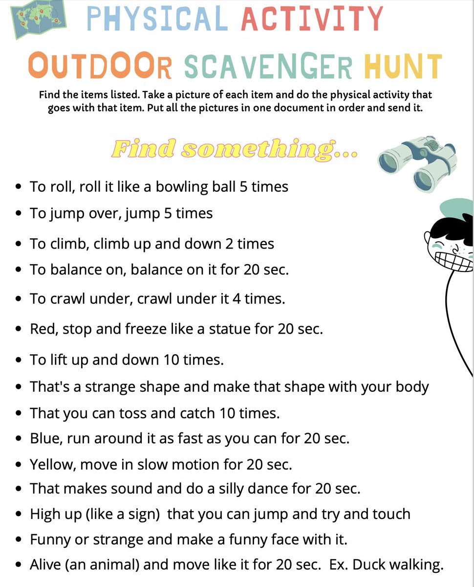 Since my students went back to e-learning this week, I gave them a Physical Activity Scavenger Hunt to get them active and outside. Really loved all of the great pictures and videos they shared.