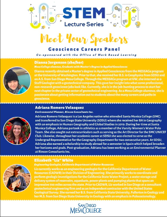 Check out tomorrows STEM Lecture Series and learn from professional geoscientists who turned their interests in the Earth and its environments into successful careers.  Co-sponsored with the Office of Work-Based Learning.

Tuesday, April 13th   7-8 pm