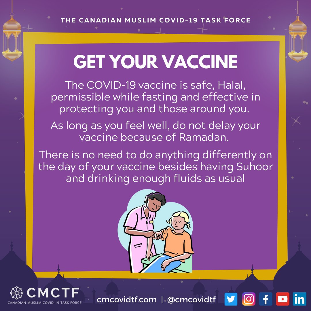 The COVID-19 vaccines are safe, Halal, permissible while fasting and effective in protecting you and those around you.If you feel well, don't delay getting your vaccine because of Ramadan!There is no need to do, eat or drink anything special on your vaccination day![3/14]