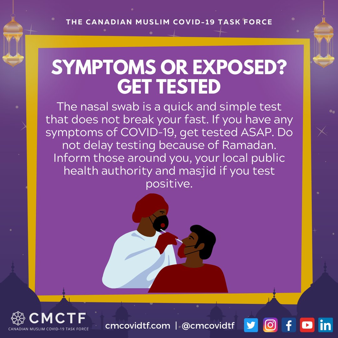 Have COVID-19 symptoms or were exposed?Get tested ASAP and tell others without delay.COVID-19 testing does not break your fast![4/14]