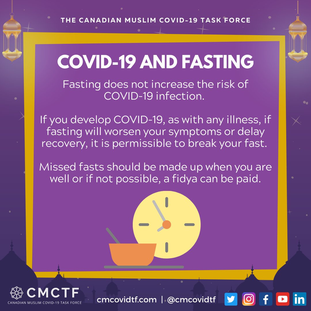 If you have no or mild symptoms of COVID-19, you can continue to fast.If your symptoms are severe, you feel fasting will worsen your symptoms or delay recovery, you may break your fast and make it up later.[5/14]