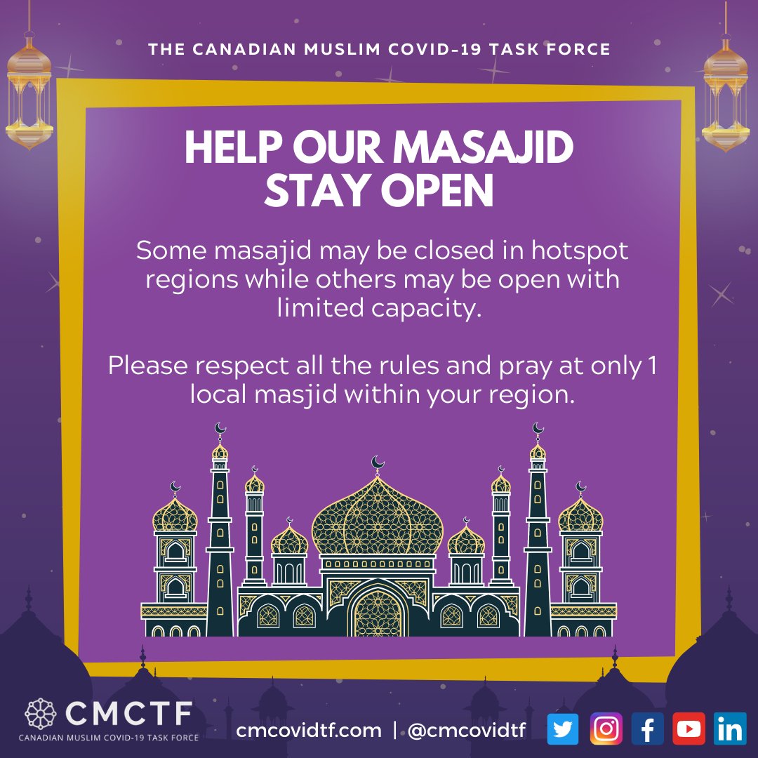 Some masjids may be closed in hotspot regions while others may be open with reduced capacity.Please respect all the rules and pray at only 1 local masjid within your region, if permitted.[6/14]