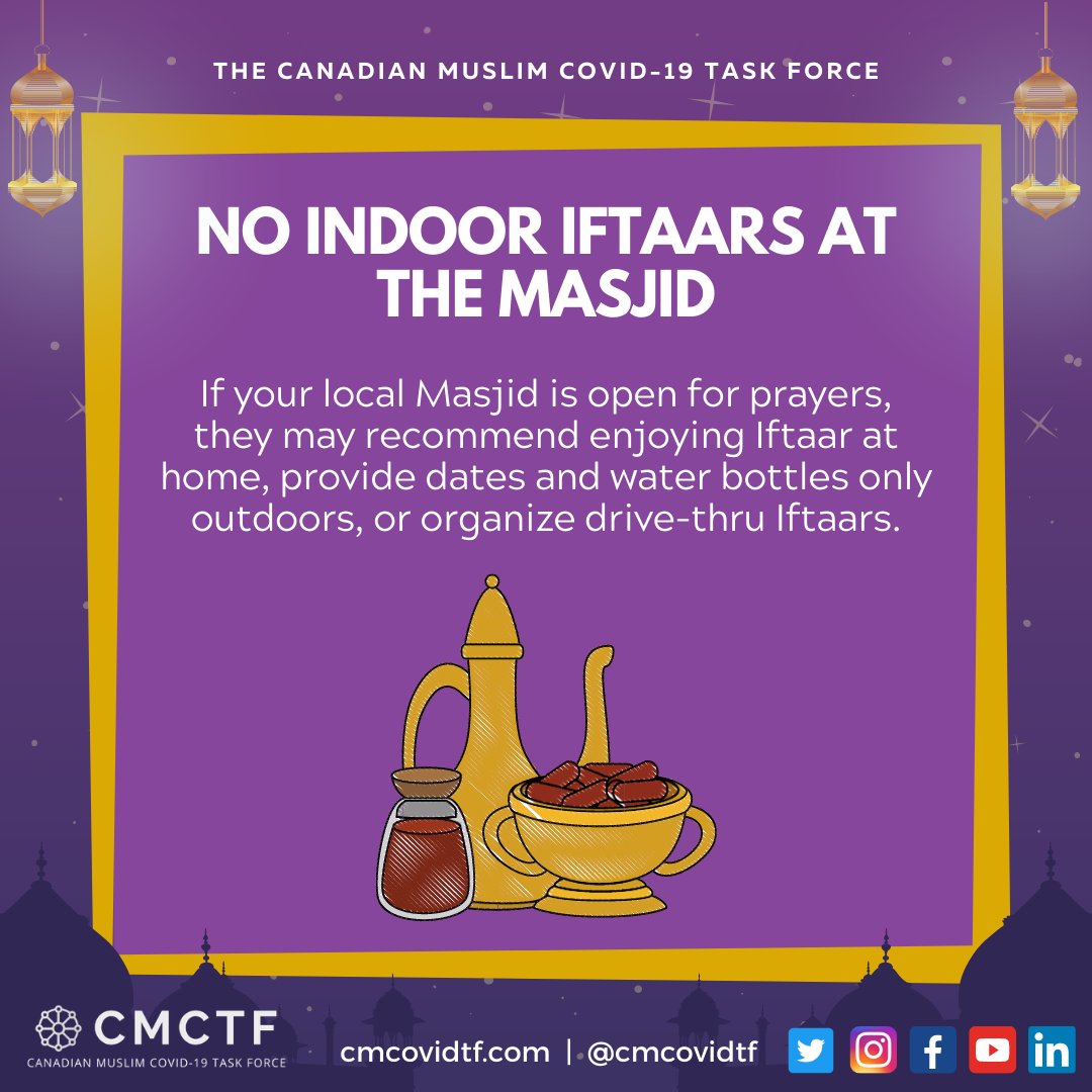 No indoor Iftaar gatherings at the masjid this year!If your masjid is open, they may recommend enjoying Iftaar with your household, provide dates or water bottles outdoors, or organize drive-thru Iftaars.[7/14]