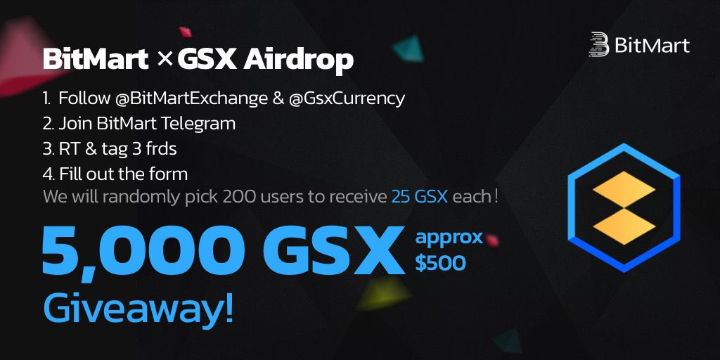 GsxCurrency's tweet image. To celebrate the  @GsxCurrency ( $GSX) listing on Apr 19, we’re giving away 5k GSX !

1) Follow @BitMartExchange &amp;amp; @GsxCurrency . 

2) RT &amp;amp; tag 3 frds

3) Fill: forms.gle/1YEPHrVrJheeMS…

Participate to get 25 GSX each !
Airdrop entry closes at 11:59 PM EDT April 14, 2021.

#gsx