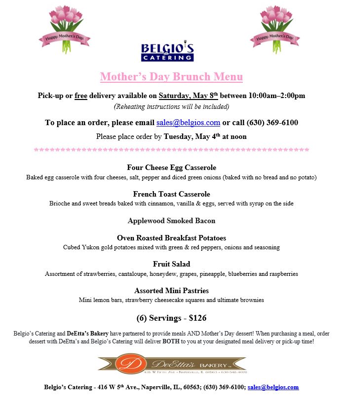 belgio_s's tweet photo. In celebration of all of the amazing mothers out there, we are pleased to offer a Mother’s Day brunch for pick up or delivery on Saturday, May 8th. Orders can be placed by emailing sales@belgios.com or calling (630) 369-6100.

Please order by noon on Tuesday, May 4th. https://t.co/j852fvm5gA