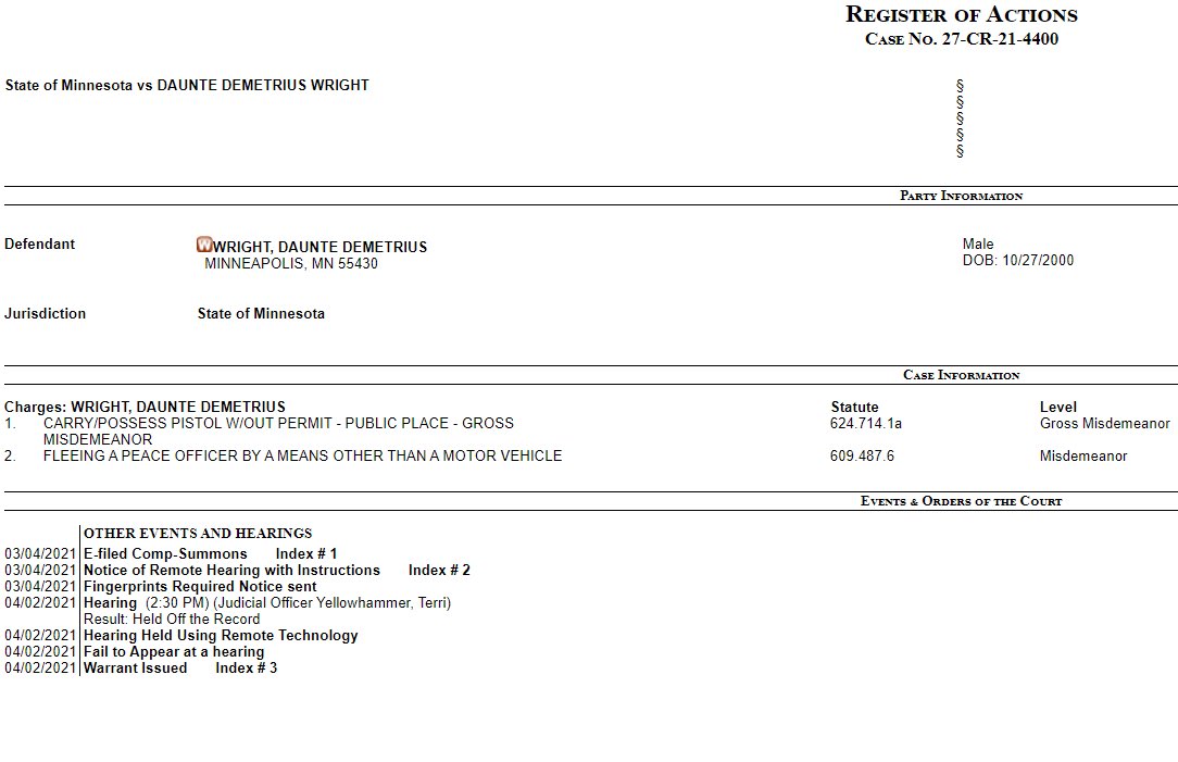 Update:  #DaunteWright was in the process of getting arrested by  @BPPD for a weapons charge & escaping police before he was killed yesterday, sparking  #BLM race rioting & looting. The criminal complaint says he had an illegal Ruger .45 pistol. He skipped his court date this month.