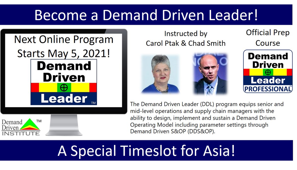 Sign up for the next online session of the Demand Driven Leader (DDL) program led by <a href="/itsallaboutflow/">Carol Ptak</a>  and <a href="/demanddrivenmrp/">Chad Smith</a>.  This is a special time slot that allows for mornings in Asia and evenings in the Americas. demanddriveninstitute.com/online-classes #ddlp #ddmrp #demanddriven